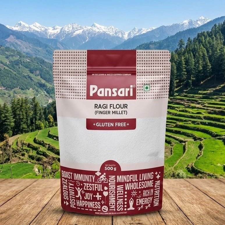 Pansari Ragi Flour package with a scenic mountain background
