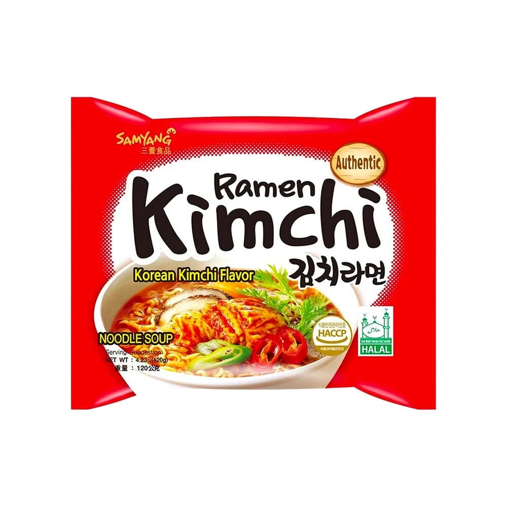 Packaging of Samyang Ramen Kimchi with a red border and image of noodles.