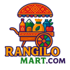 Colorful logo of a cart with products and 'Rangilo Mart.com' text on a white background