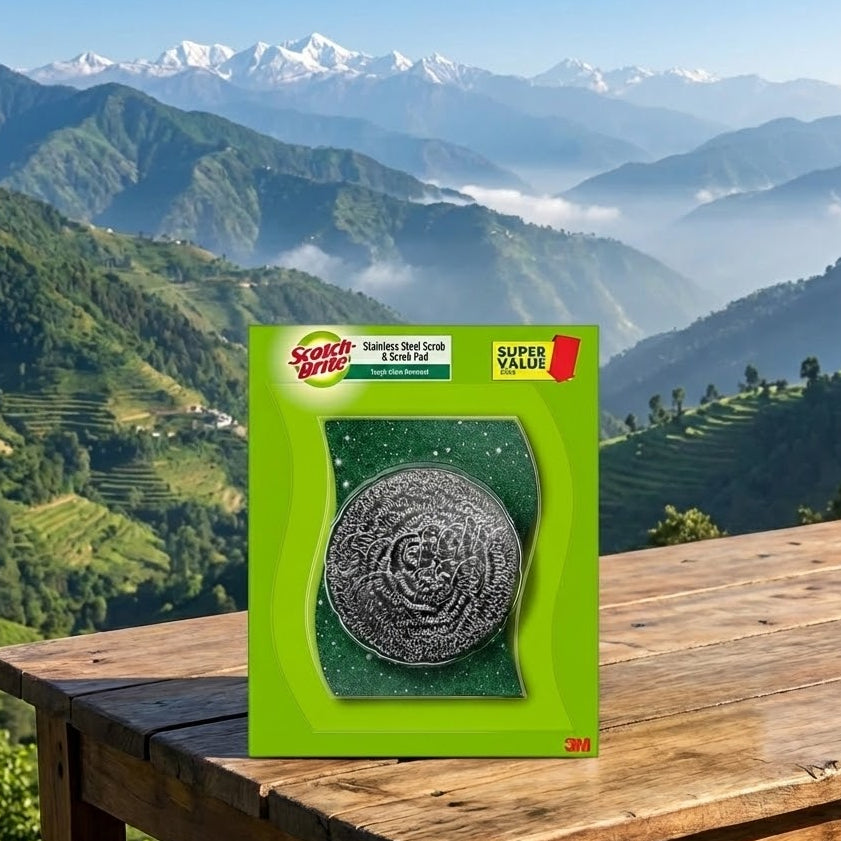 Green packaging of Scotch-Brite scrubber on a wooden table with a mountainous landscape in the background