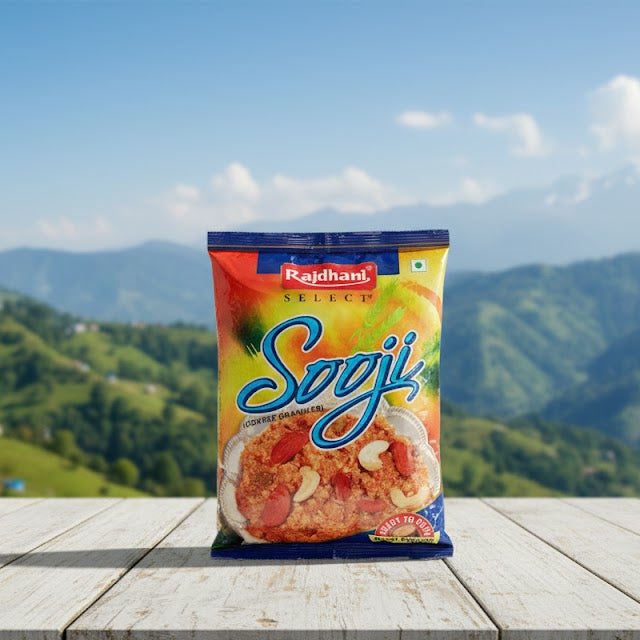 Rajdhani Sooji packet on a wooden surface with a mountainous landscape in the background