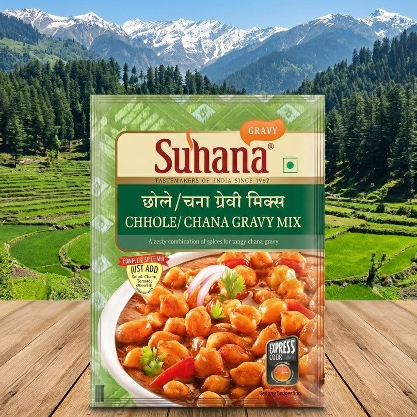 Suhana Chhole/Chana Gravy Mix package with a scenic background of mountains and fields.