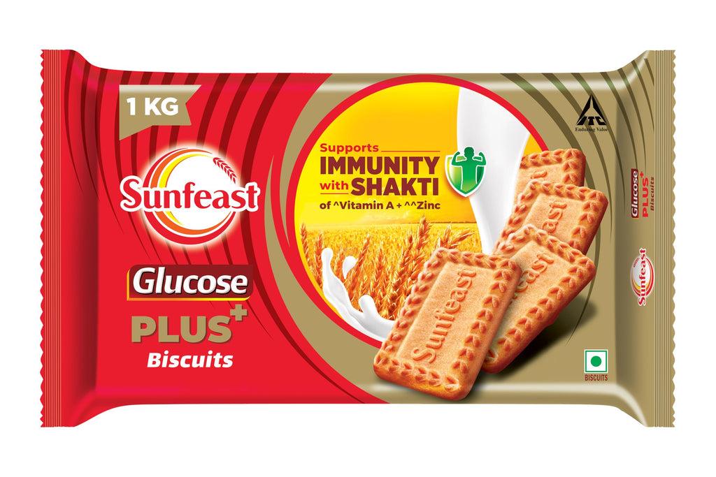 Sunfeast Glucose Plus Biscuits packaging on a white background