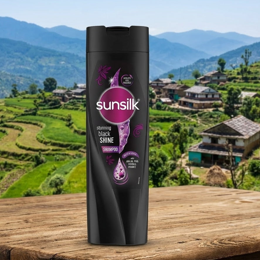 Sunsilk shampoo bottle on a wooden surface with a scenic background