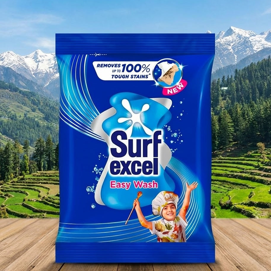 Surf Excel Easy Wash detergent packet with a scenic background