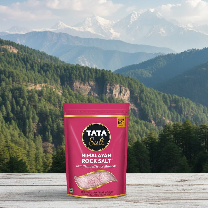 Tata Salt Himalayan Rock Salt package with a mountainous landscape in the background