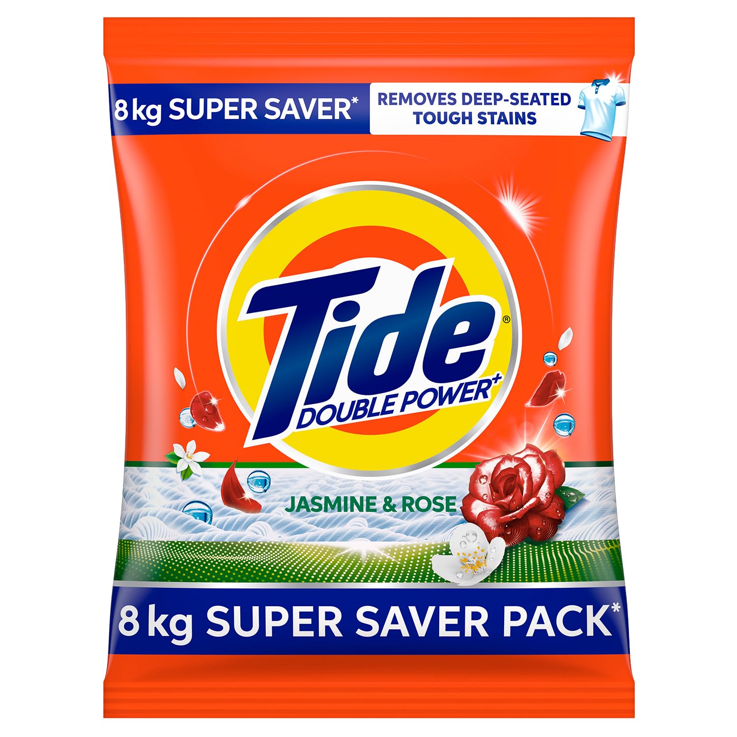Tide Double Power laundry detergent packaging with jasmine and rose scents on a white background