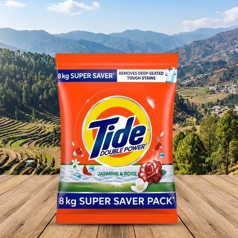 Tide detergent packet with a scenic background of mountains and trees