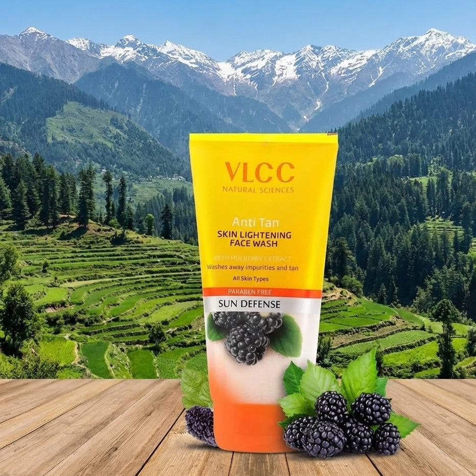 VLCC skin care product with a scenic mountain background