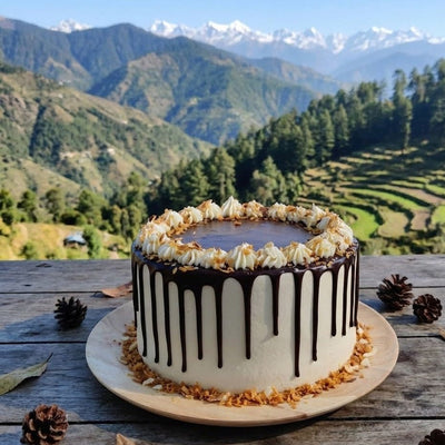Chocolate cake with white frosting on a wooden table with a mountainous landscape in the background