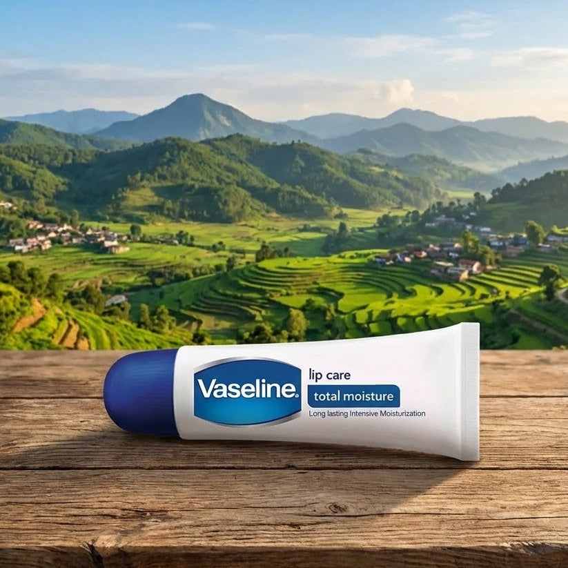 Vaseline lip care tube on a wooden surface with a scenic mountain landscape in the background