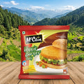 McCain Veggie Burger Patty package with a scenic mountain background