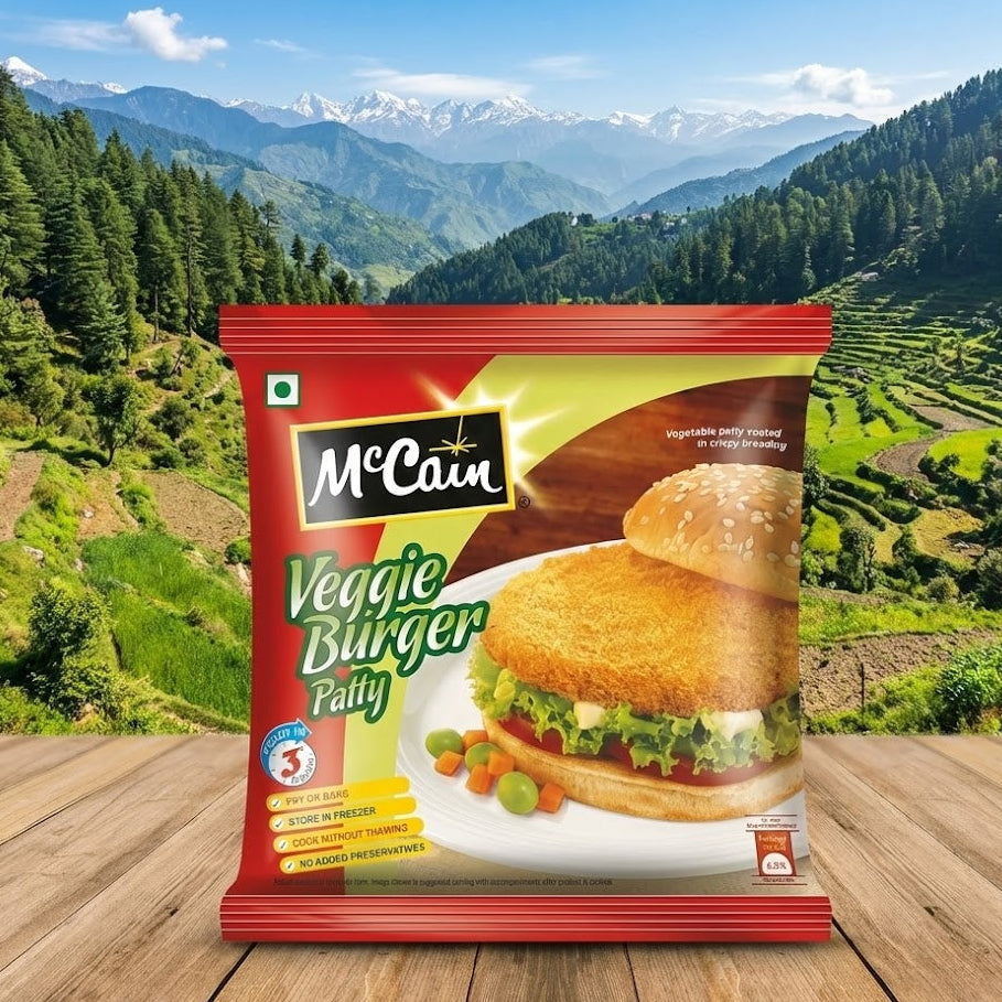 McCain Veggie Burger Patty package with a scenic mountain background