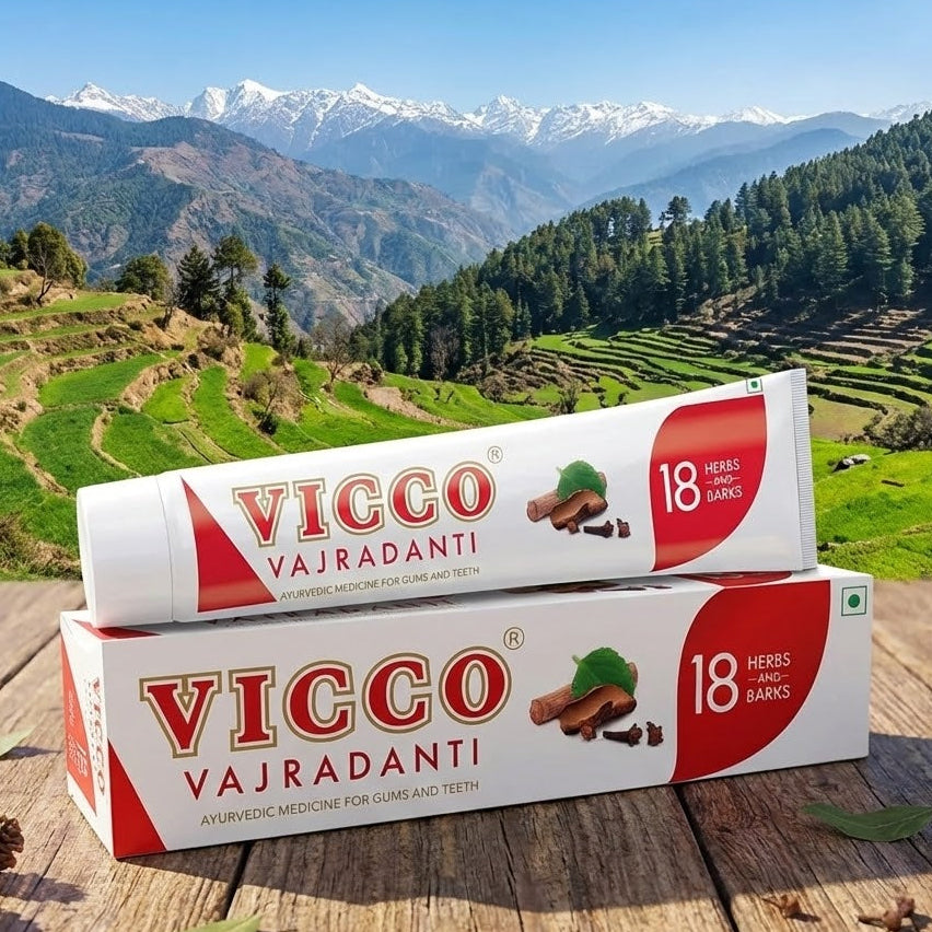 Vicco Vajradanti toothpaste packaging with a scenic mountain background