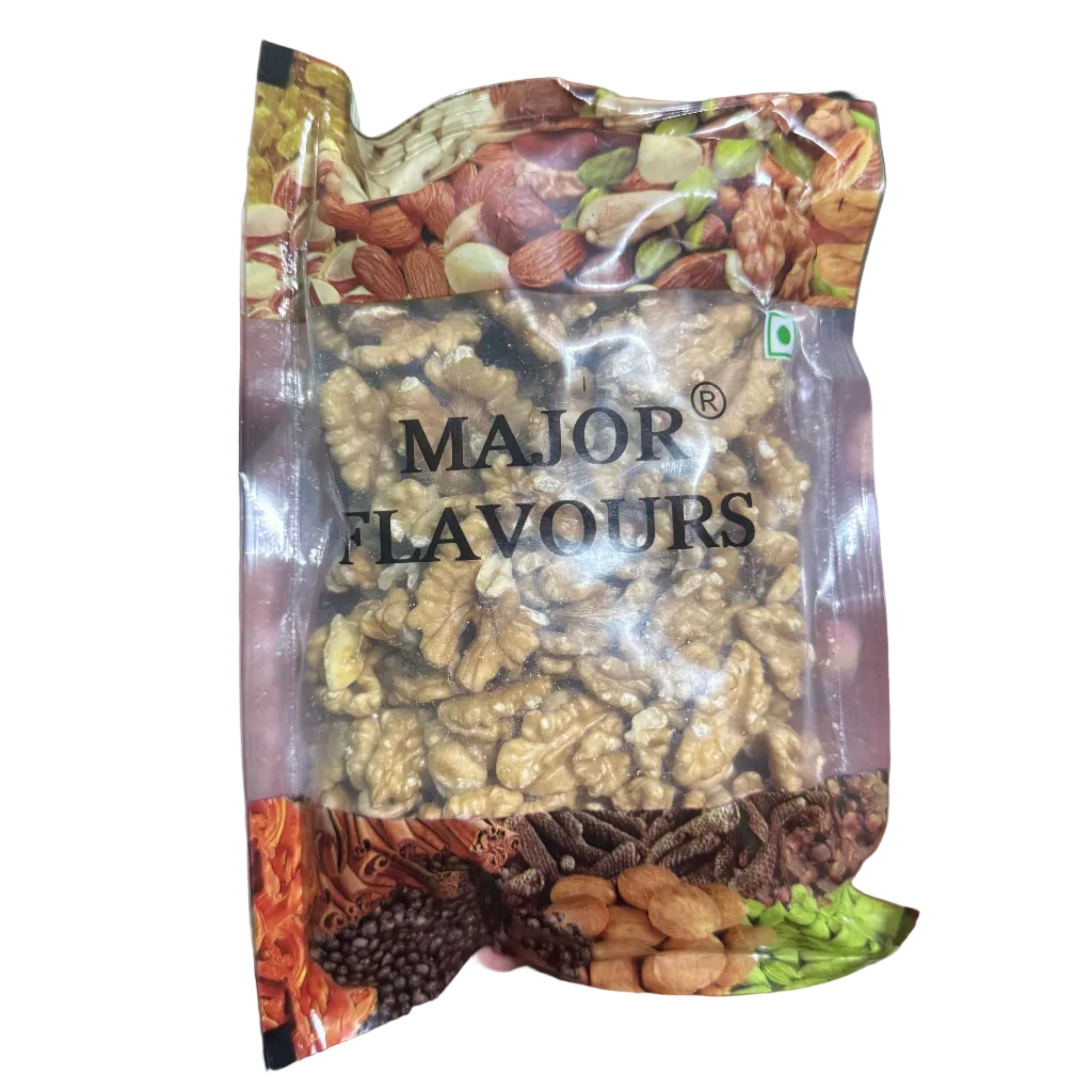 Packaged mix of nuts and spices with 'Major Flavours' branding held by a person.