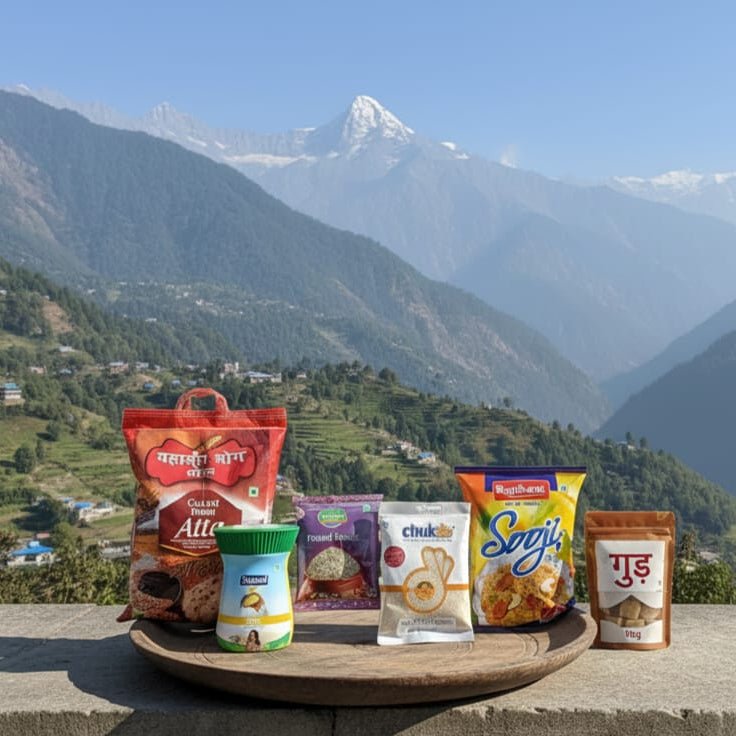 Assorted snacks on a wooden tray with a mountainous landscape in the background