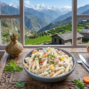 Bowl of pasta with vegetables on a wooden table with a scenic mountain view through a window.