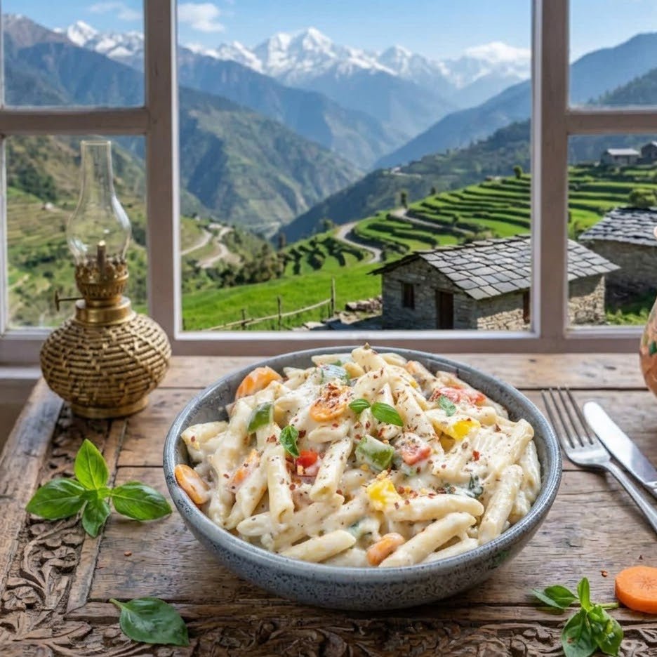 Bowl of pasta with vegetables on a wooden table with a scenic mountain view through a window.