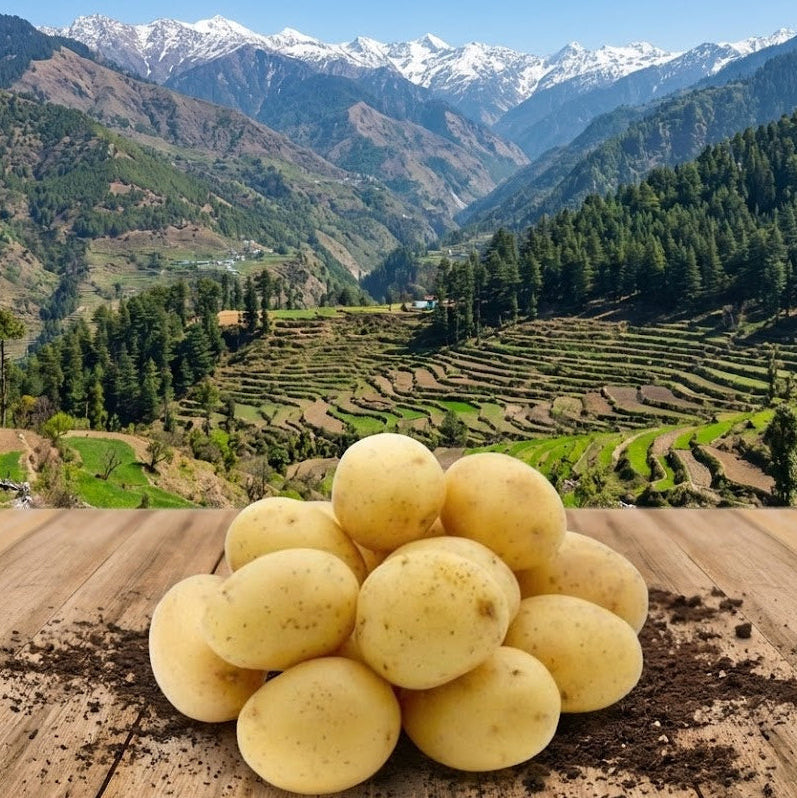 Potatoes on a wooden surface with a scenic mountain landscape in the background