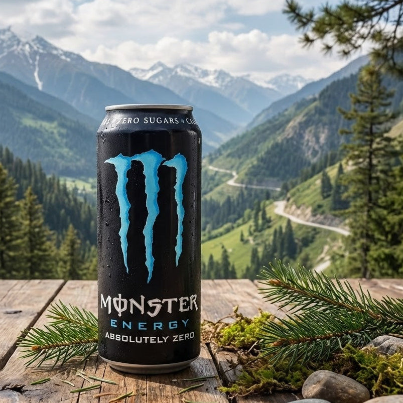Monster Energy Absolutely Zero can on a wooden surface with a mountainous landscape in the background