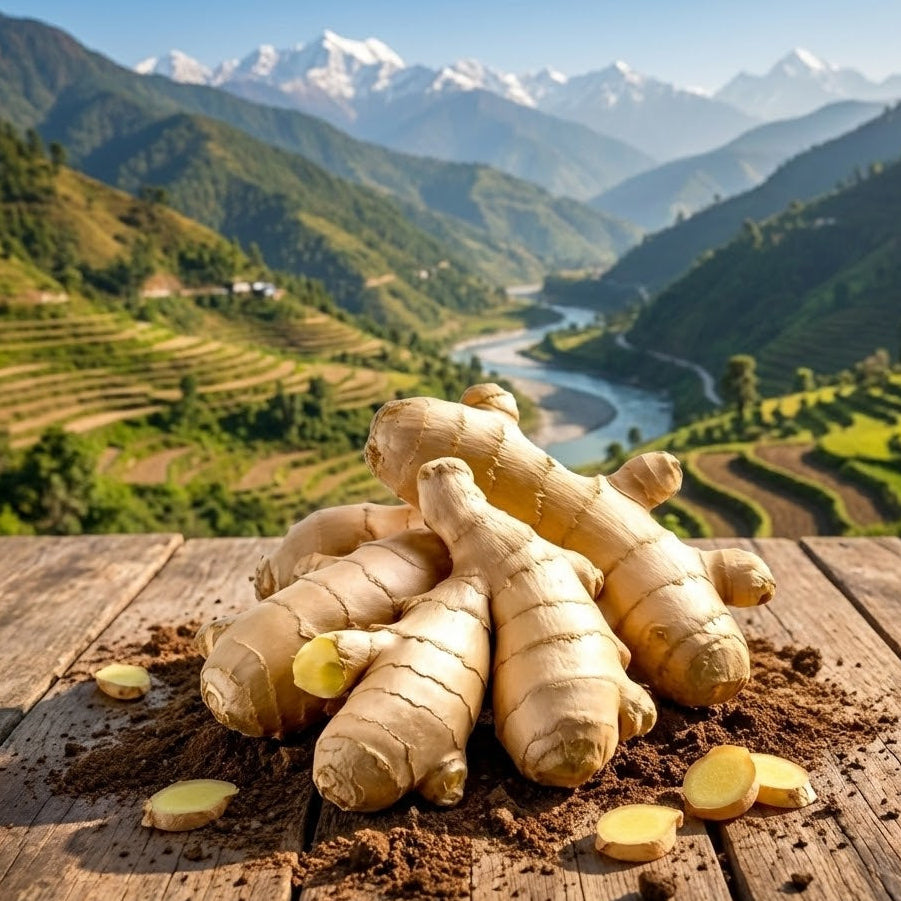Ginger roots on a wooden surface with a scenic mountain landscape in the background