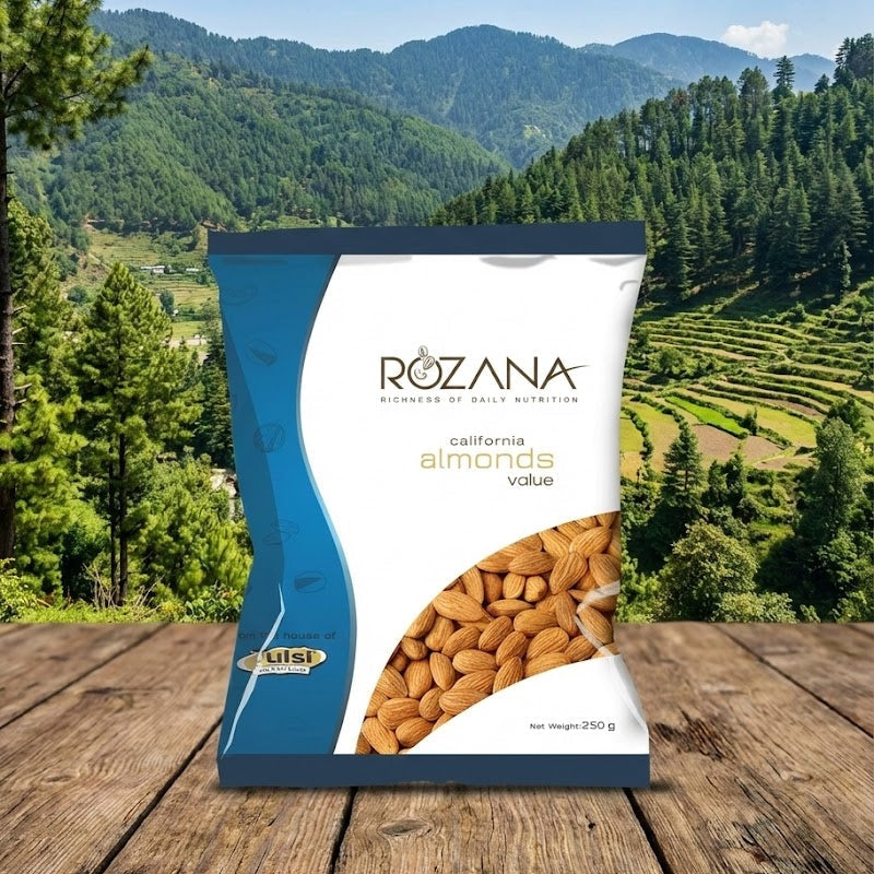 Rozana almonds package on a wooden surface with a scenic mountain background