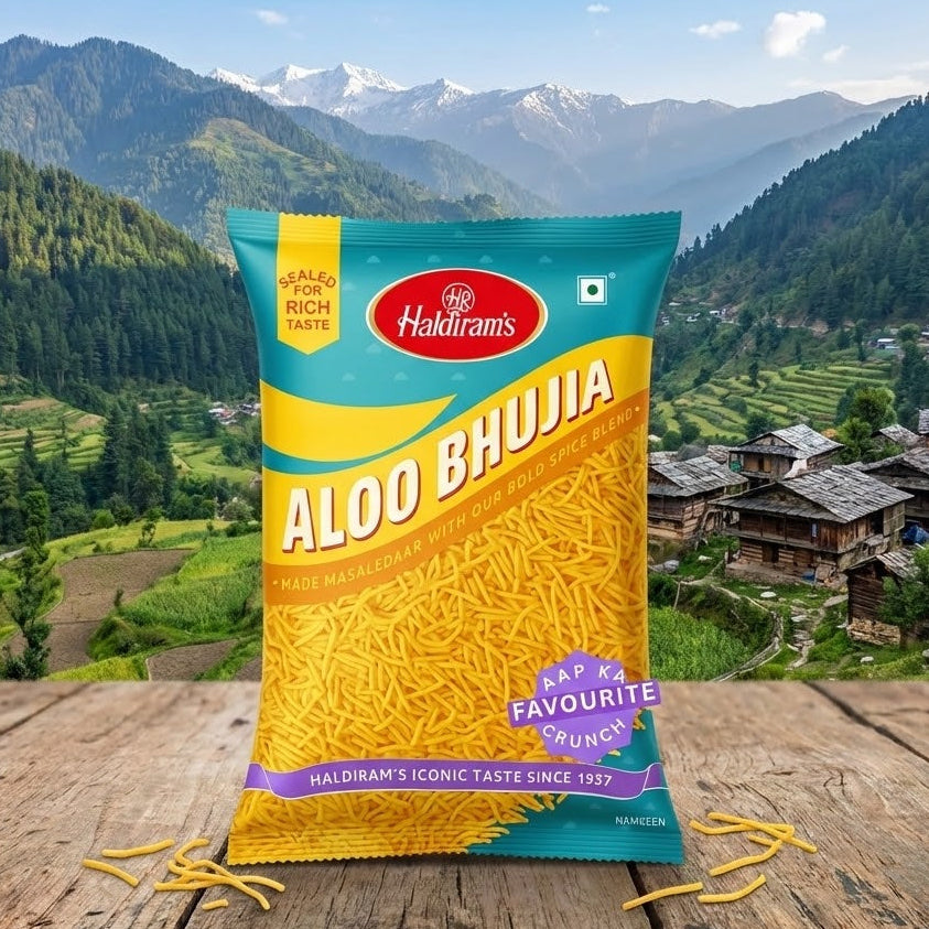 Haldiram's Aloo Bhujia packet with a scenic mountain background