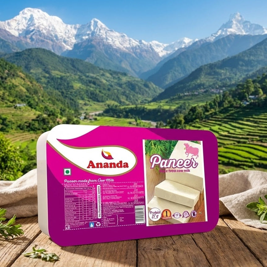 Ananda Paneer packaging with a scenic mountain landscape in the background