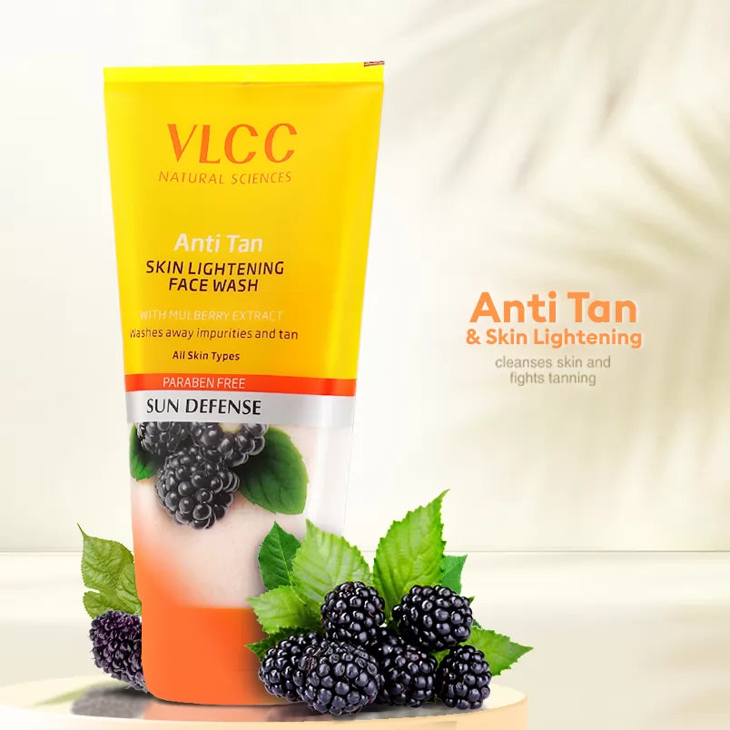 VLCC Anti Tan Skin Lightening Face Wash packaging with blackberries and green leaves on a light background