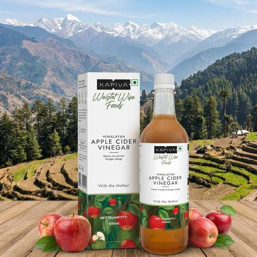 Kapiva Apple Cider Vinegar with Mother on a wooden surface with a mountainous background