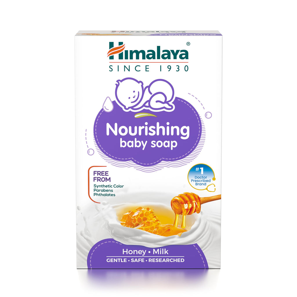 Himalaya Nourishing Baby Soap packaging with honey and milk imagery on a white background