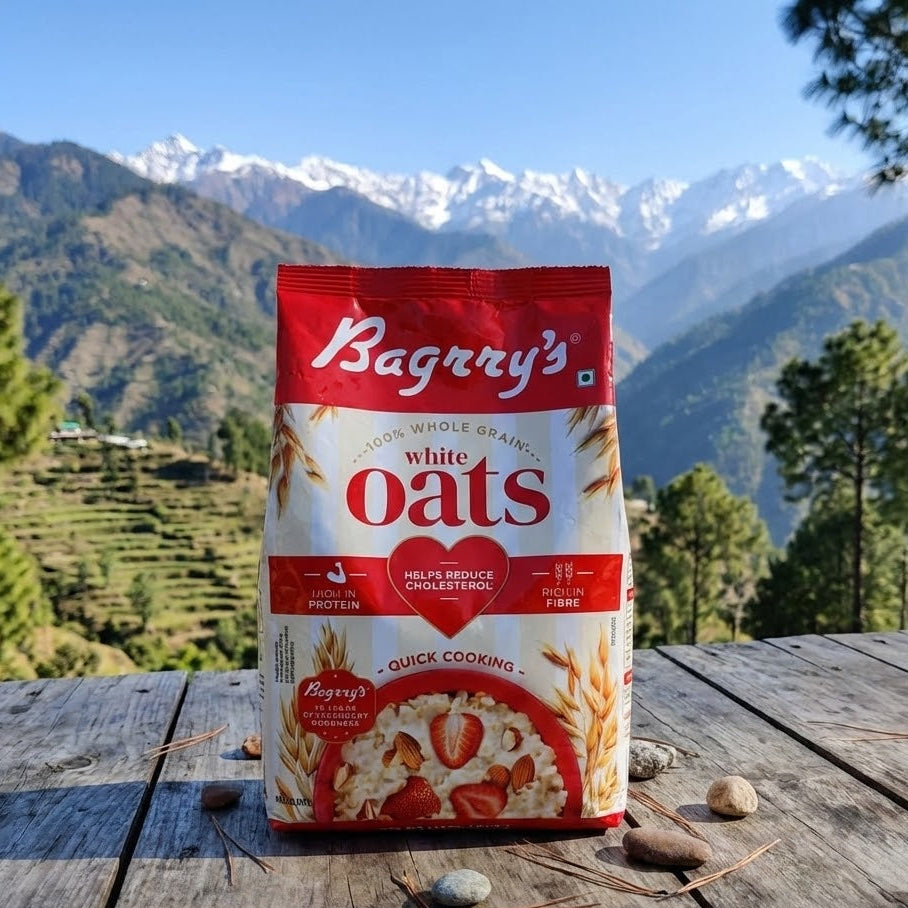 Bagrry's white oats package on a wooden surface with mountains in the background