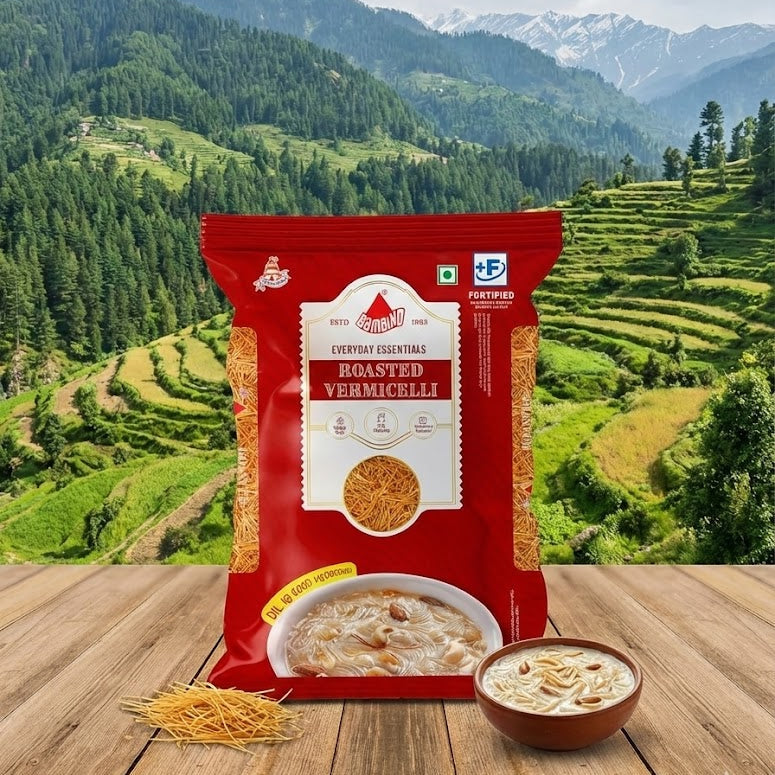 Red package of roasted vermicelli with a scenic background of mountains and greenery.