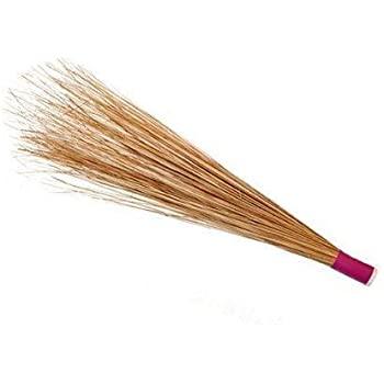 Broom with wooden bristles and a red handle on a white background