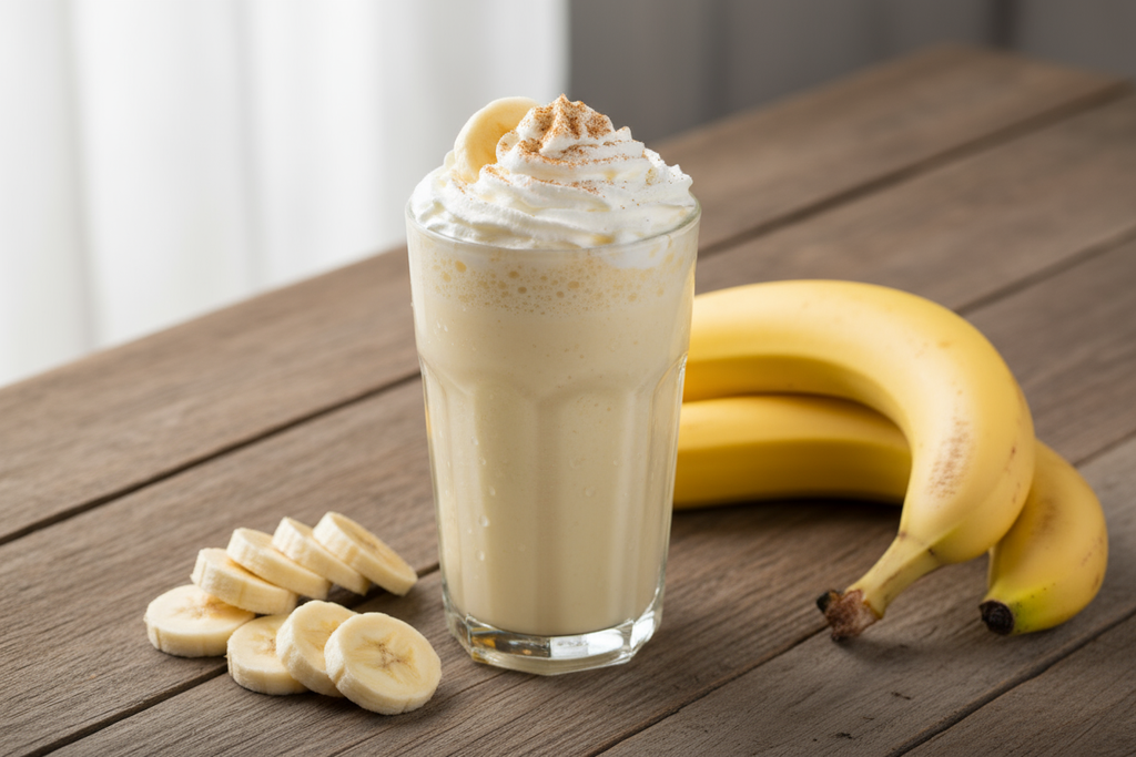 banana shake with banana on table 