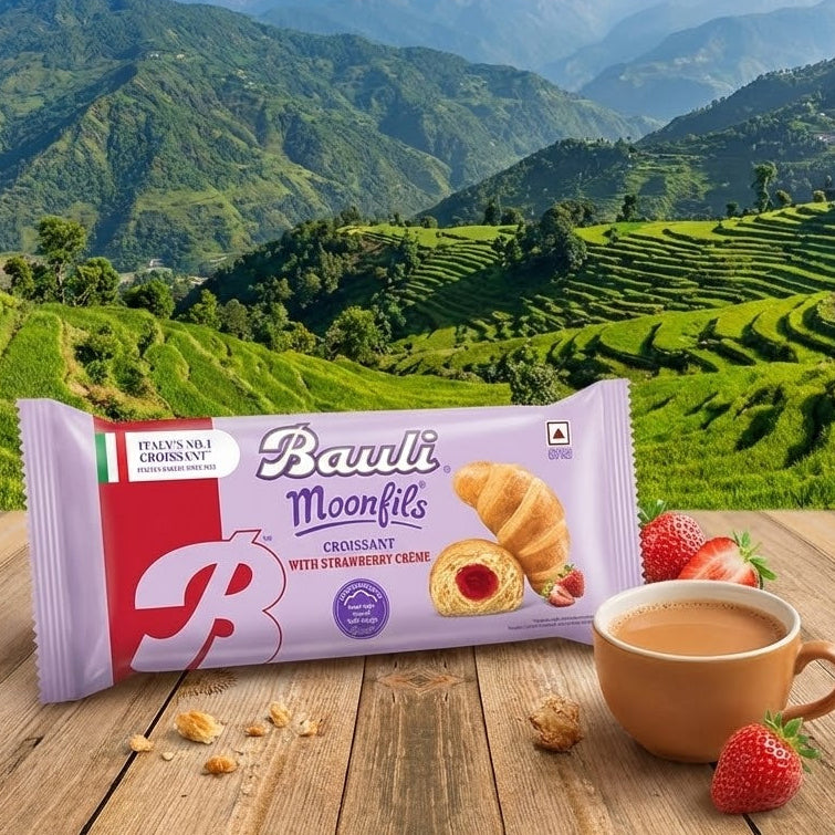 Barvita Moonfils package with a cup of tea and strawberries on a wooden table with a mountainous landscape in the background
