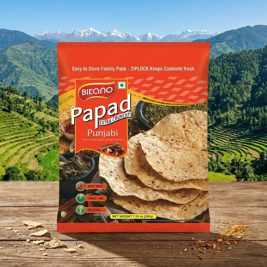 Packaged Punjabi Papad with a scenic mountain background