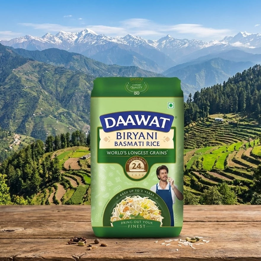 DAAWAT Biryani Basmati Rice package with a scenic mountain background