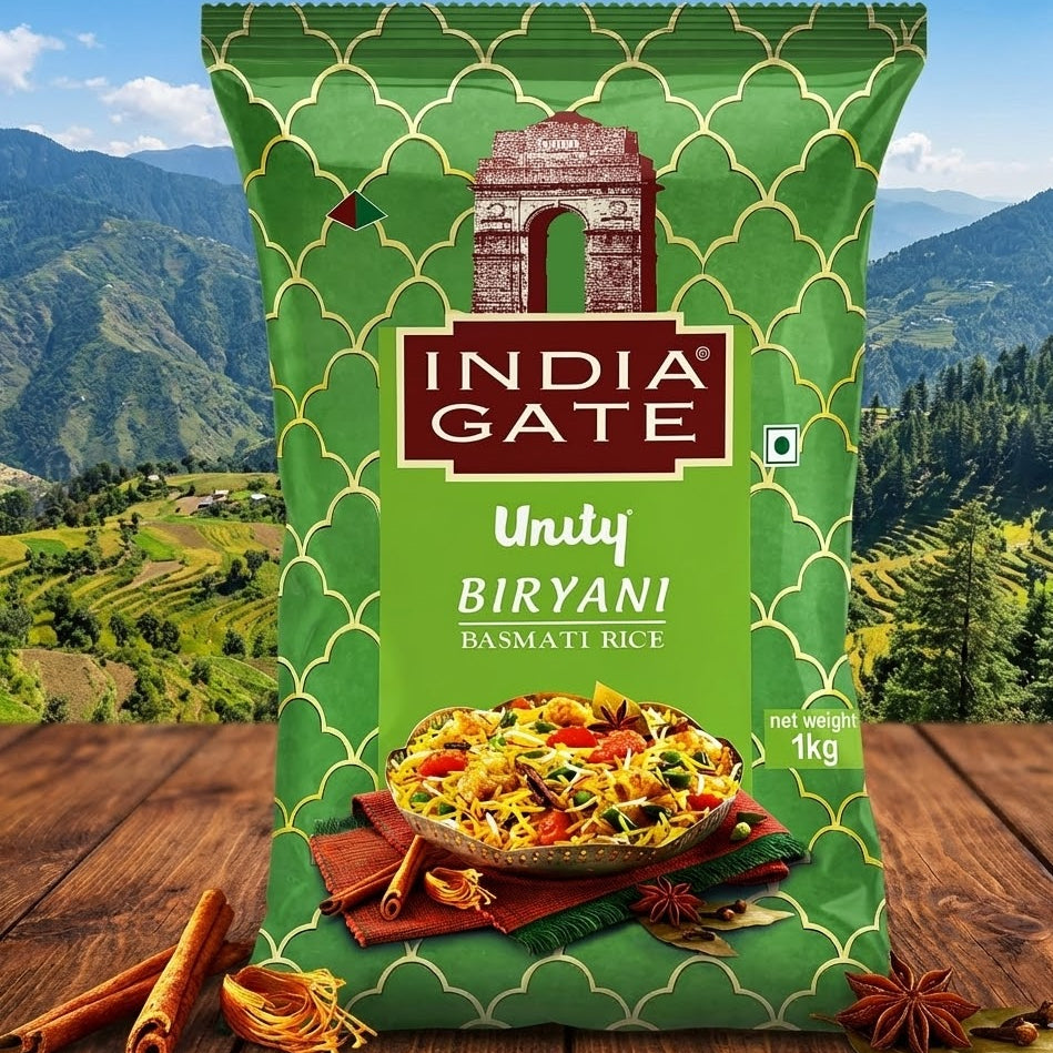 Green bag of India Gate Unity Biryani Basmati Rice with a scenic background