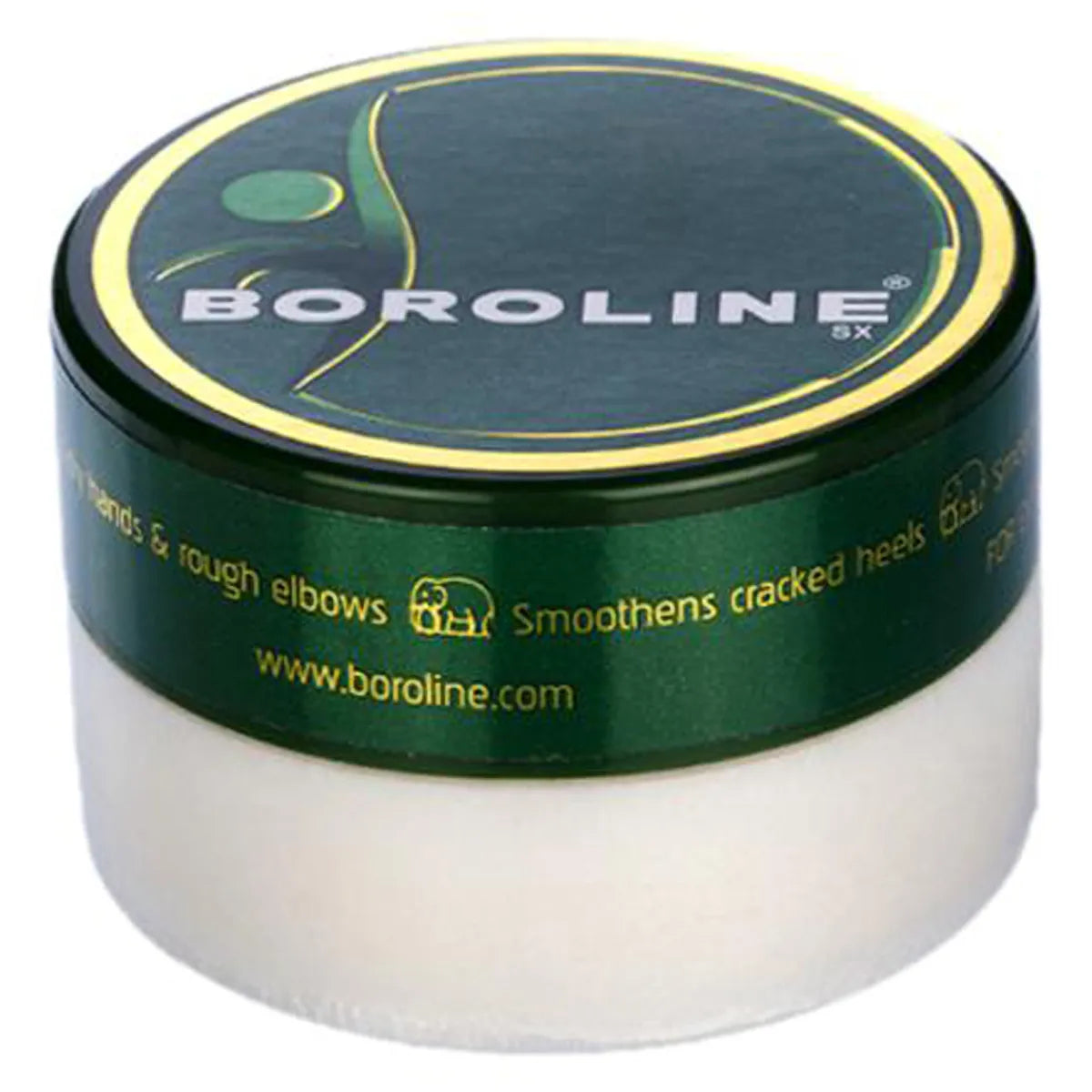Boroline jar with green lid and white body on a white background