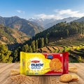 Marie Gold cookies packaging with mountains and fields in the background