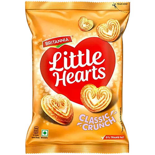 Packaging of Britannia Little Hearts Classic Crunch biscuits on a white background