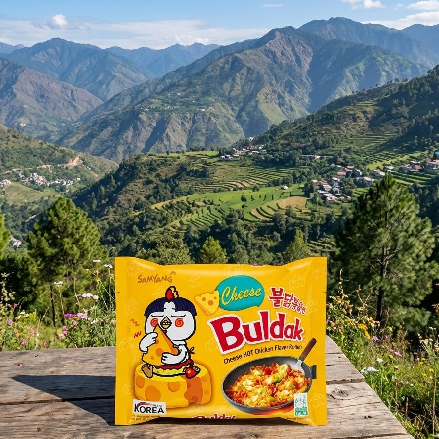 Buldak cheese hot chicken flavor package with a scenic mountain background