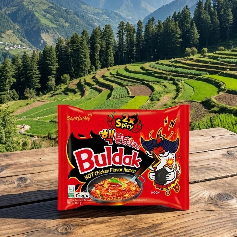 Buldak hot chicken flavor ramen package on a wooden surface with a scenic mountain background