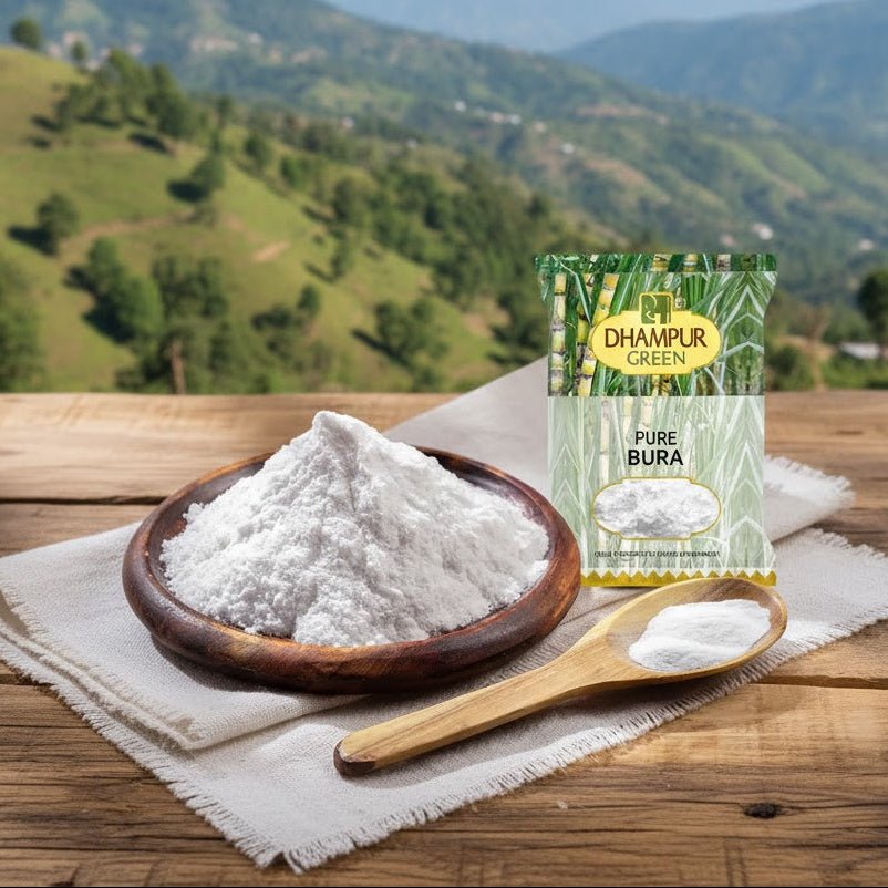 Dhampur Green Pure Bura packaging with a wooden spoon and bowl of powder on a scenic background