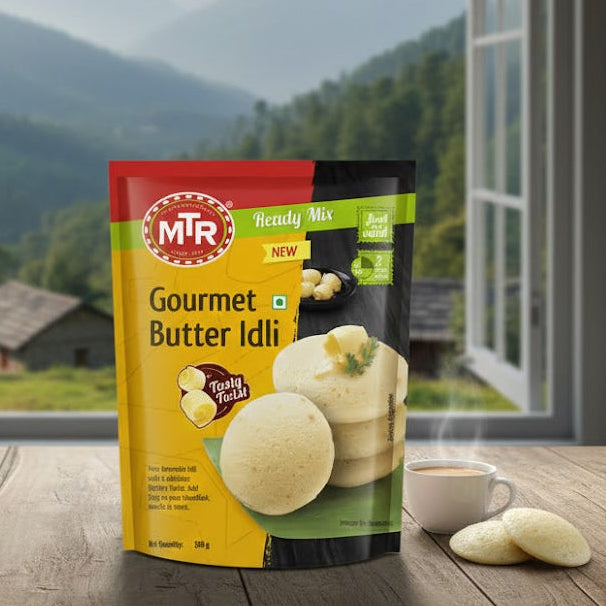 MR Ready Mix Gourmet Butter Idli packaging on a wooden table with a scenic background