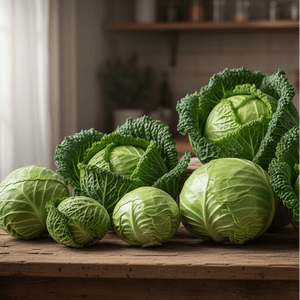 Cabbages products images on table