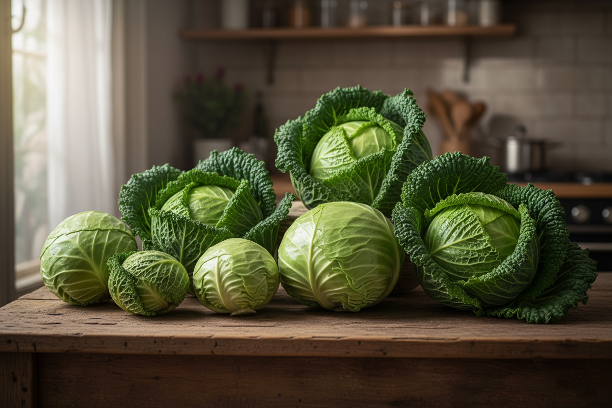 Cabbages products images on table