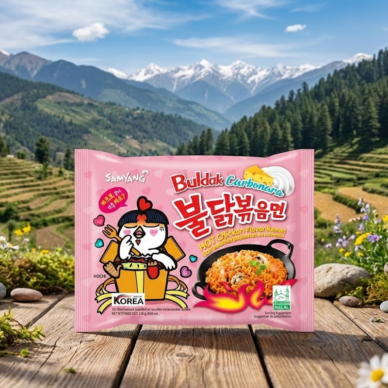 Soy sauce package with cartoon character on a wooden surface with a scenic mountain background