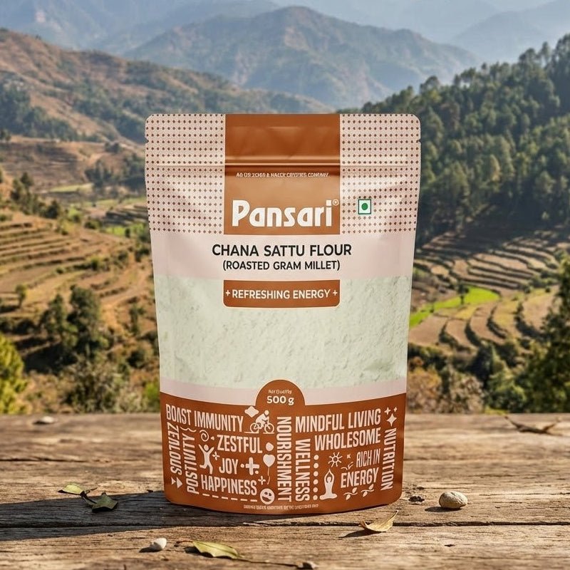 Pansari Chana Sattu Flour package with a scenic mountain background